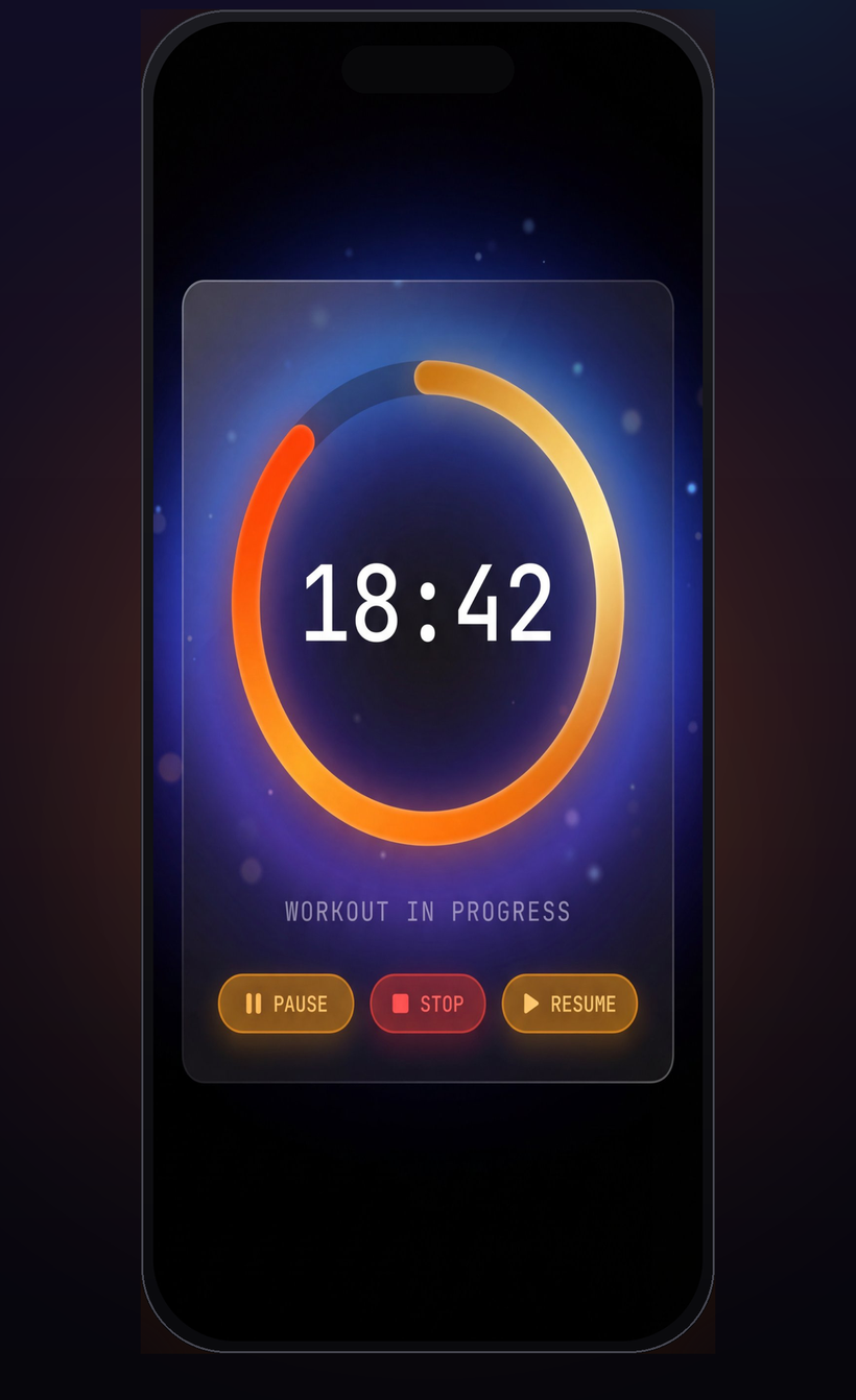 FitShamer workout timer with an animated ring at 18:42