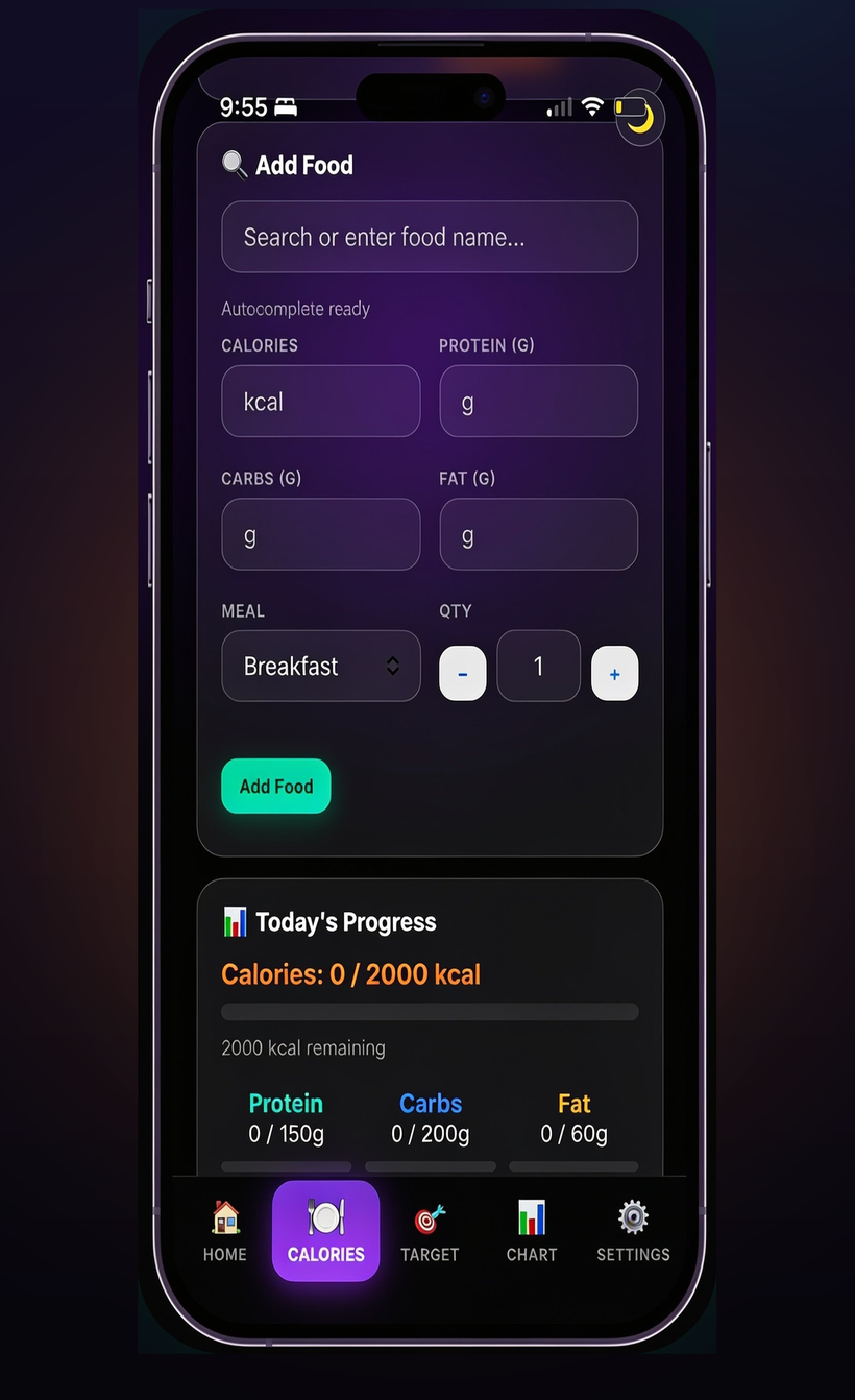 FitShamer Add Food screen with calories and macros