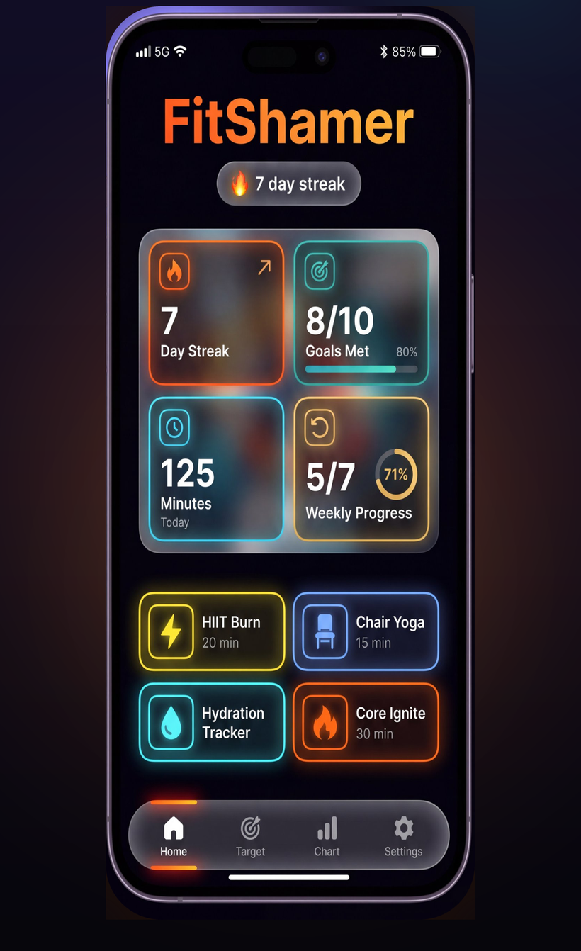 FitShamer home screen showing a 7 day streak, goals met, minutes and quick workouts